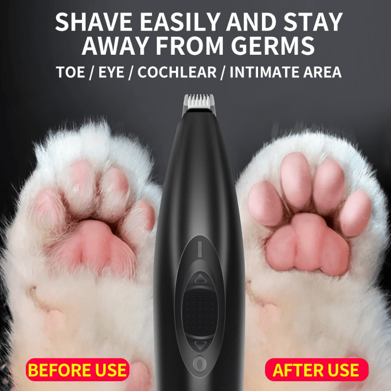 Pet grooming clipper with before and after use on a paw, on a black background.