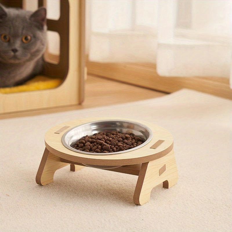 Elevated Cat Feeding Station - Stainless Steel Bowls with Solid Wood Stand