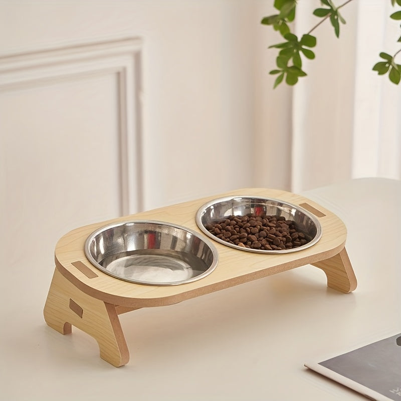 Elevated Cat Feeding Station - Stainless Steel Bowls with Solid Wood Stand