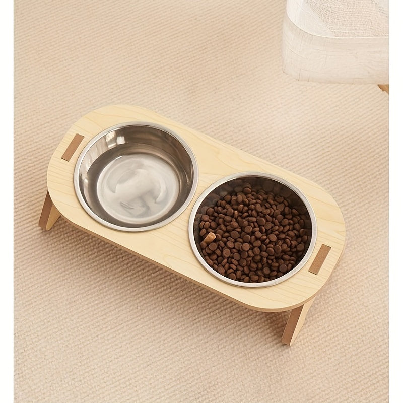 Elevated Cat Feeding Station - Stainless Steel Bowls with Solid Wood Stand