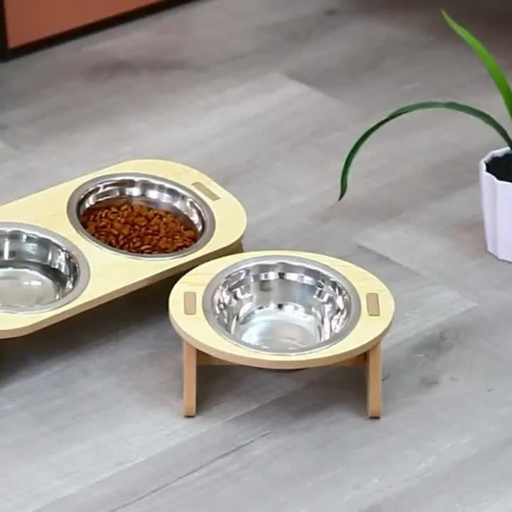 Elevated Cat Feeding Station - Stainless Steel Bowls with Solid Wood Stand