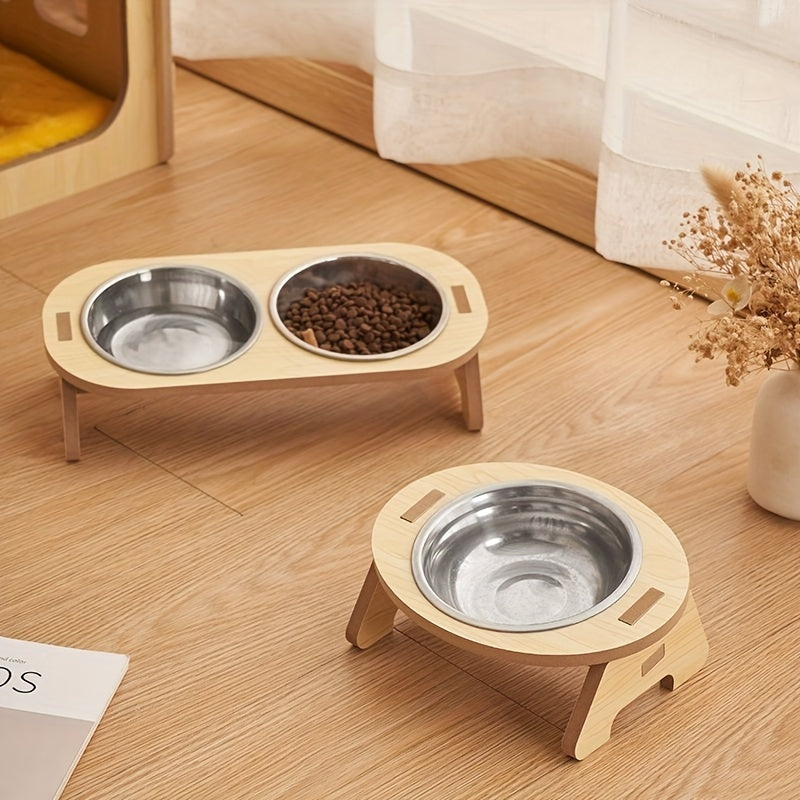 Elevated Cat Feeding Station - Stainless Steel Bowls with Solid Wood Stand