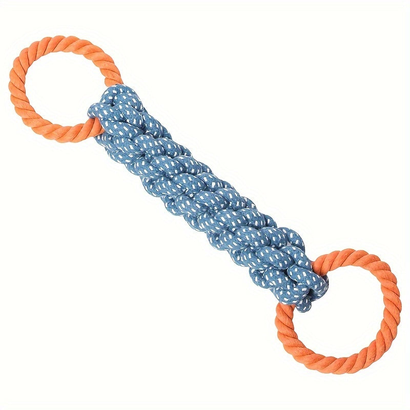 Dog toy with blue rope and orange rings on a white background