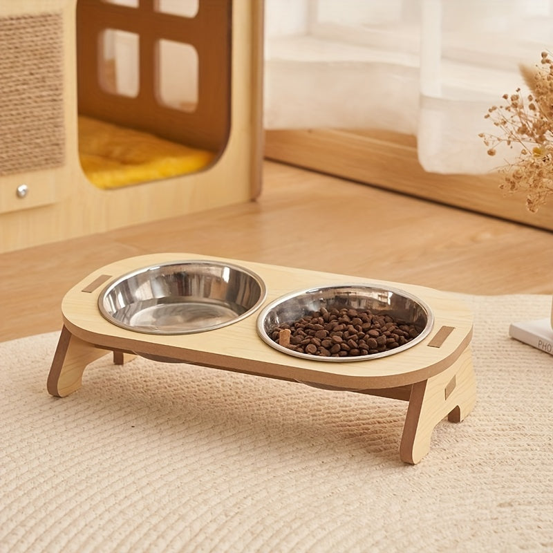 Elevated Cat Feeding Station - Stainless Steel Bowls with Solid Wood Stand