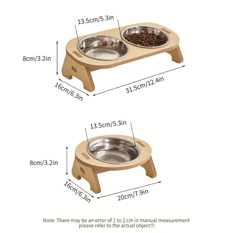 Elevated Cat Feeding Station - Stainless Steel Bowls with Solid Wood Stand