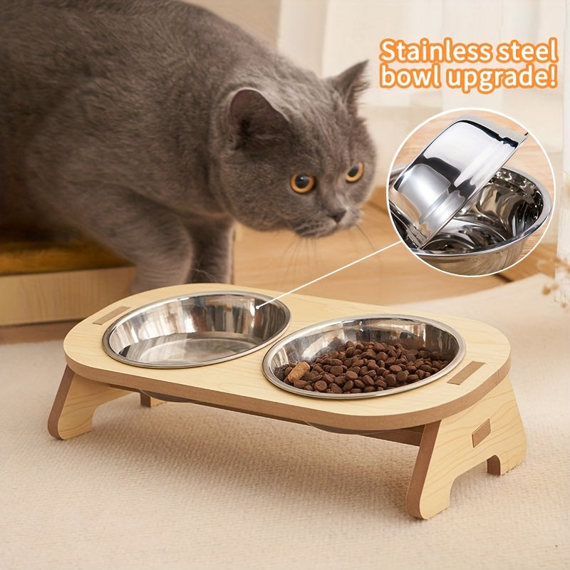 Elevated Cat Feeding Station - Stainless Steel Bowls with Solid Wood Stand