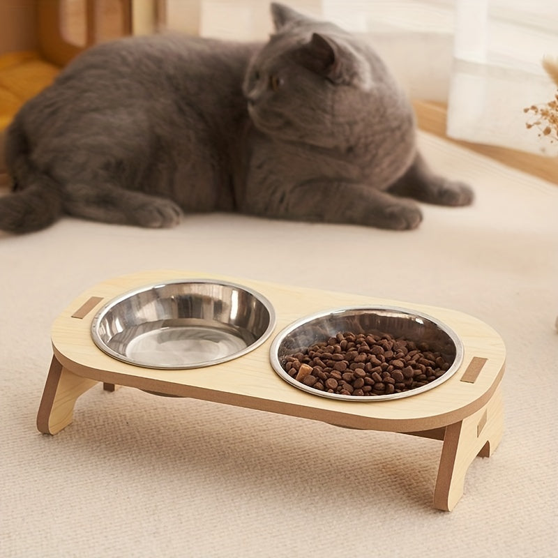 Elevated Cat Feeding Station - Stainless Steel Bowls with Solid Wood Stand